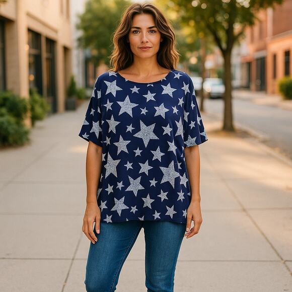 LuLaRoe Womens Top Size Small Irma Blue White Stars Patriotic Altered Tunic NEW - Picture 2 of 5